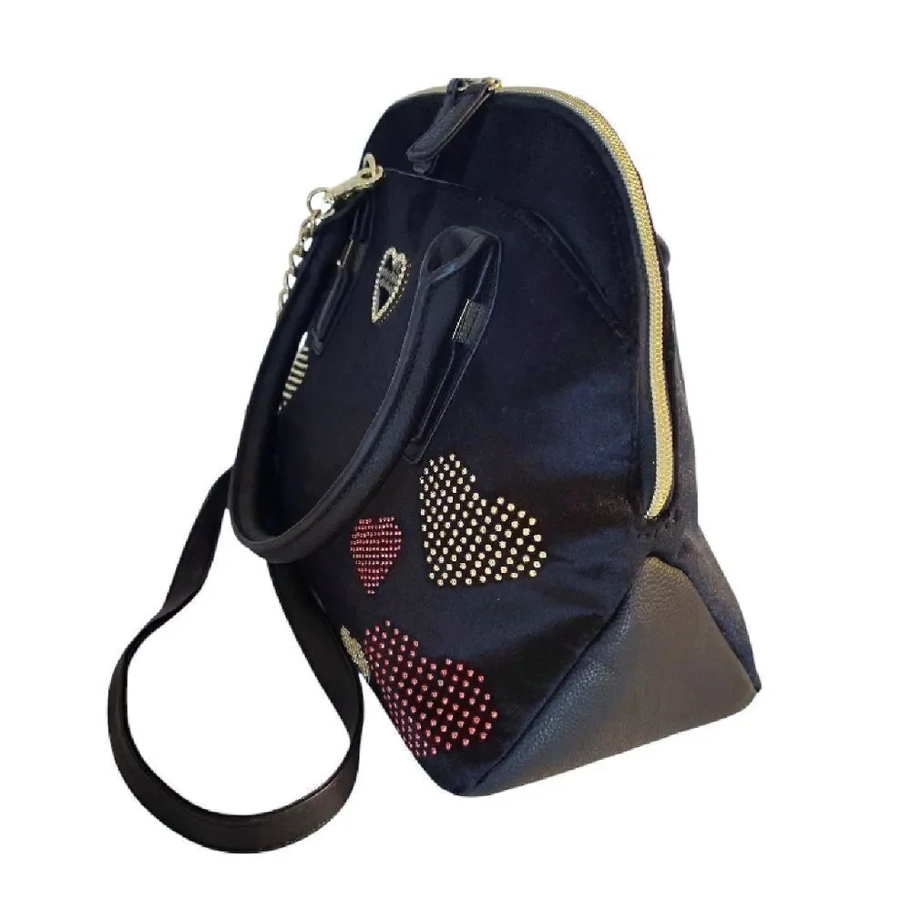 Betsey‎ Johnson Black Velvet Studded Hearts Dome Satchel Crossbody Bag Large